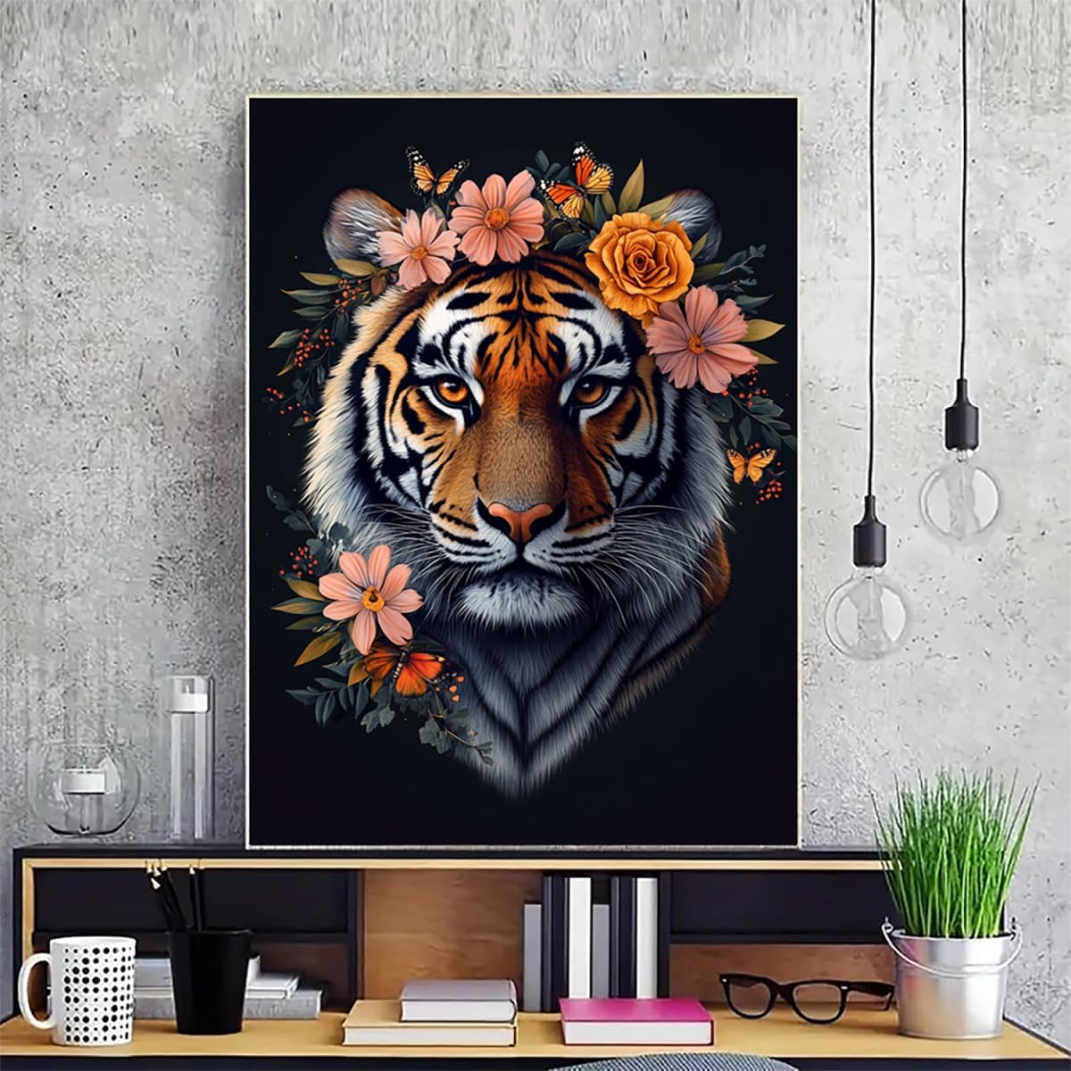 Flower Dimond Painting Tiger Diamond Art Kits for Adults Beginners DIY 5D Round Full Dirll Crystal Gem Art Embroidery Paintings Crafts Picture, Home Wall Decor Gifts, Hobbies for women 40x54in i7-23Q