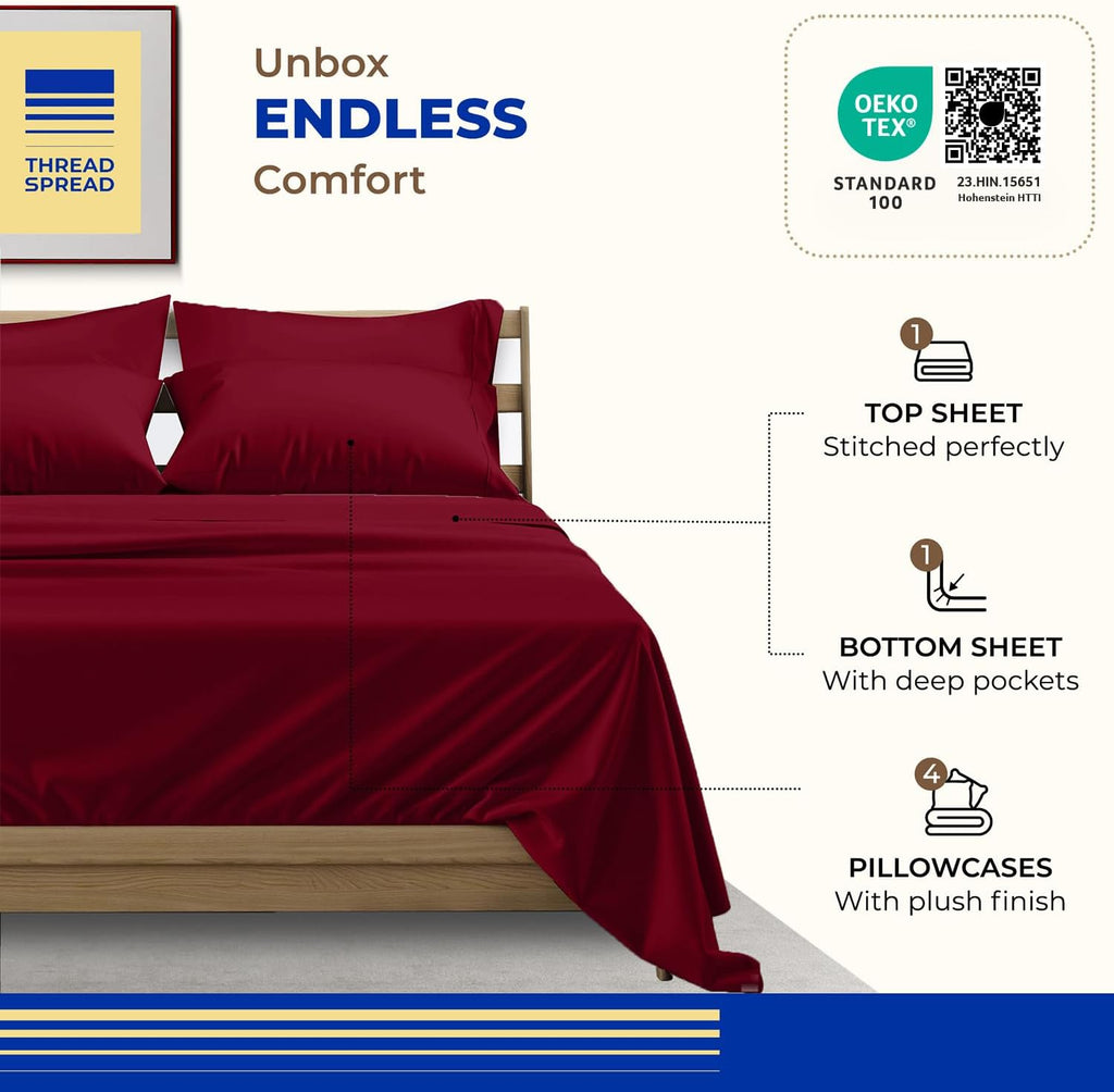 THREAD SPREAD King Size Sheets Set, Luxury 1000 Series Paradise Collection 100% Egyptian Cotton Bed Sheets King Size (6 PC, Burgundy), Silky Soft, Cooling, Sateen, 16' Deep Pocket Hotel Sheet Set