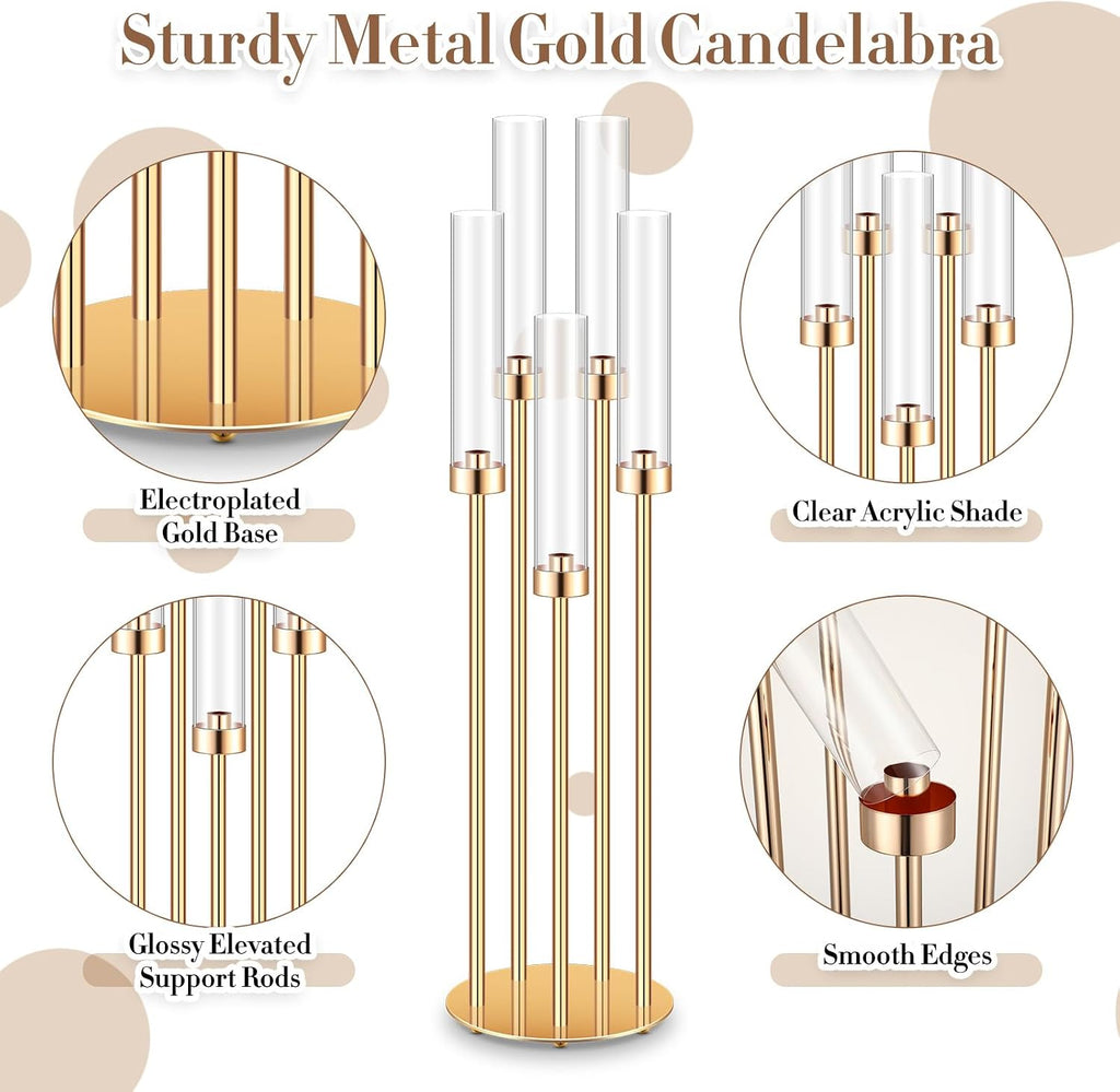 Tandefio 4 Set 5 Arm Gold Candelabra Centerpieces for Table, 35'' Tall Wedding Metal Candlestick Floor Holder Acrylic Clear Lampshades with 20 LED Candles for Wedding Party Event Table Fireplace Decor