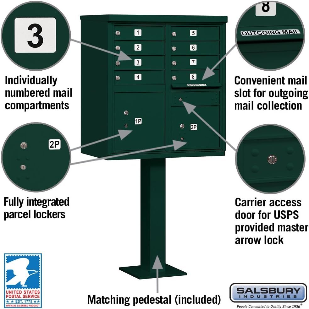 Salsbury Industries 3308GRN-U 8 A Size Doors, United States Postal Access Type I Cluster Box Unit, Green