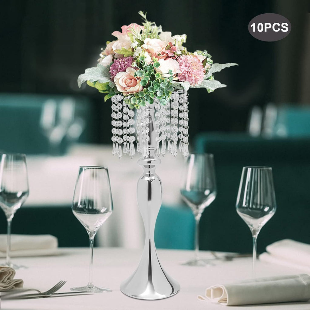 10PCS Crystal Flower Stand Wedding Centerpieces 21.3Inch Tall Sliver Vases Metal Flower Candle Holder with Sparkling Crystal for Table Wedding Party Dinner Event Decor (Silver-6)