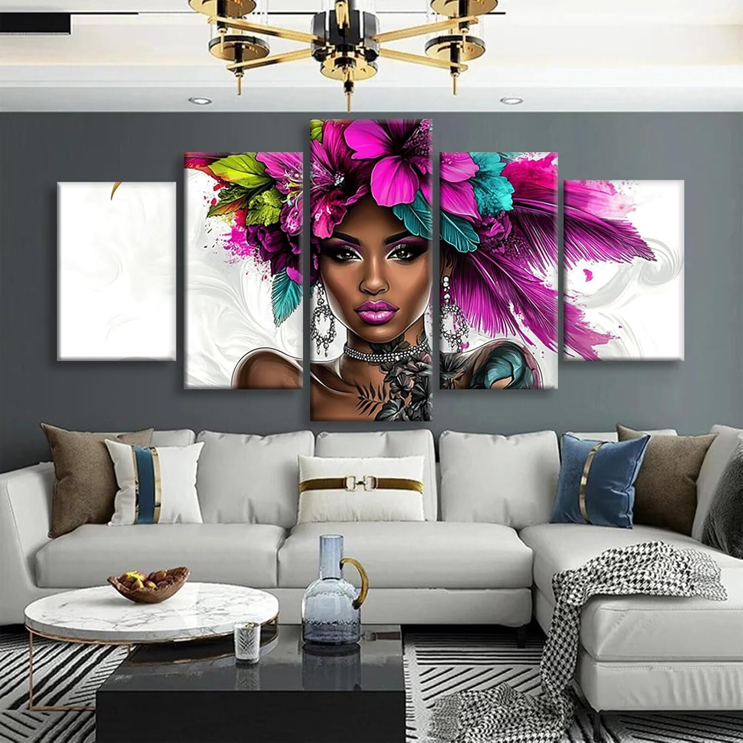 Africa Diamond Art 5 Piece Diamond Painting Woman 5D DIY Full Round Drill Dimond Art Paintings Rhinestones Crafts for Adults Gem Painting for Home Decor, Large Artwork for Wall 60 x 120 Inch, Model417
