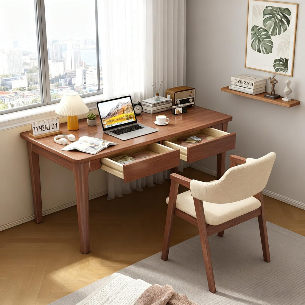 Mid Century Modern Desk with Drawers,39.4 inch Solid Wood Writing Desk for Home Office Bedroom,Small Computer Desk for Spaces Easy Assembly Walnut