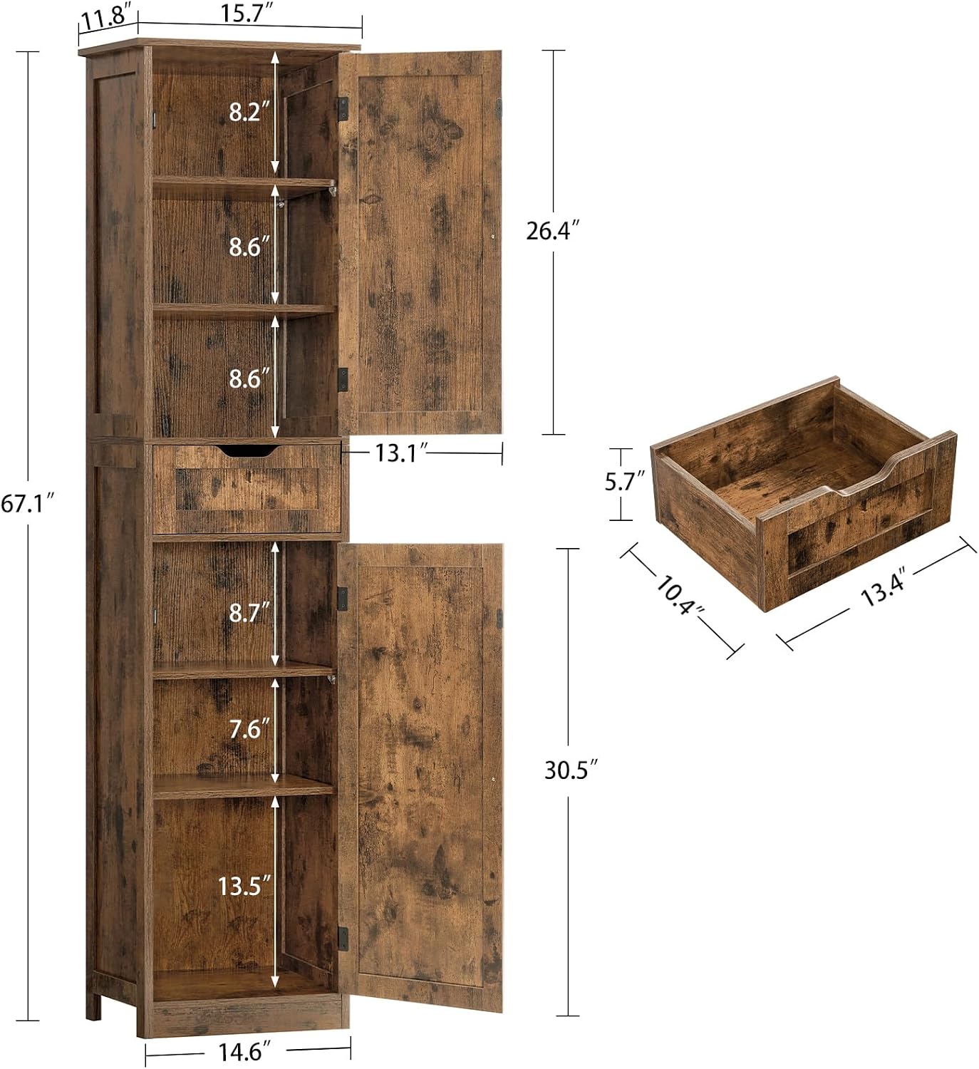 Iwell 67' Tall Storage Cabinet, Bathroom Cabinet with Drawer & Adjustable Shelves, Narrow Storage Cabinet, Floor Cabinet for Living Room, Home Office, Rustic Brown