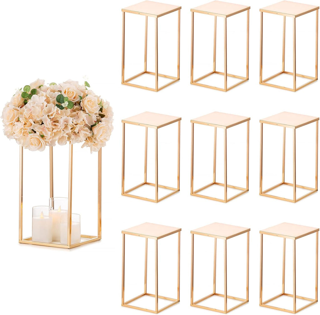 Sziqiqi Wedding Centerpieces Vase for Tables with Plates - 10 Pcs Metal Column Geometric Flower Stand 15.7in Gold Flower Display Rack Decorations for T-Stage Reception Party Fiesta Event Home