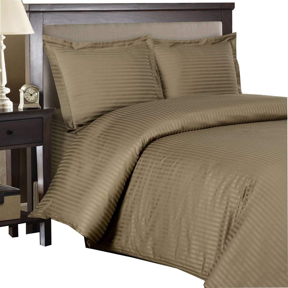 Royal Hotel Bedding Cotton Stripe Duvet Cover Set Brown with Down Alternative Comforter Duvet Insert, 4 Piece Queen Size, 600 Thread Count, Cooling, Breathable