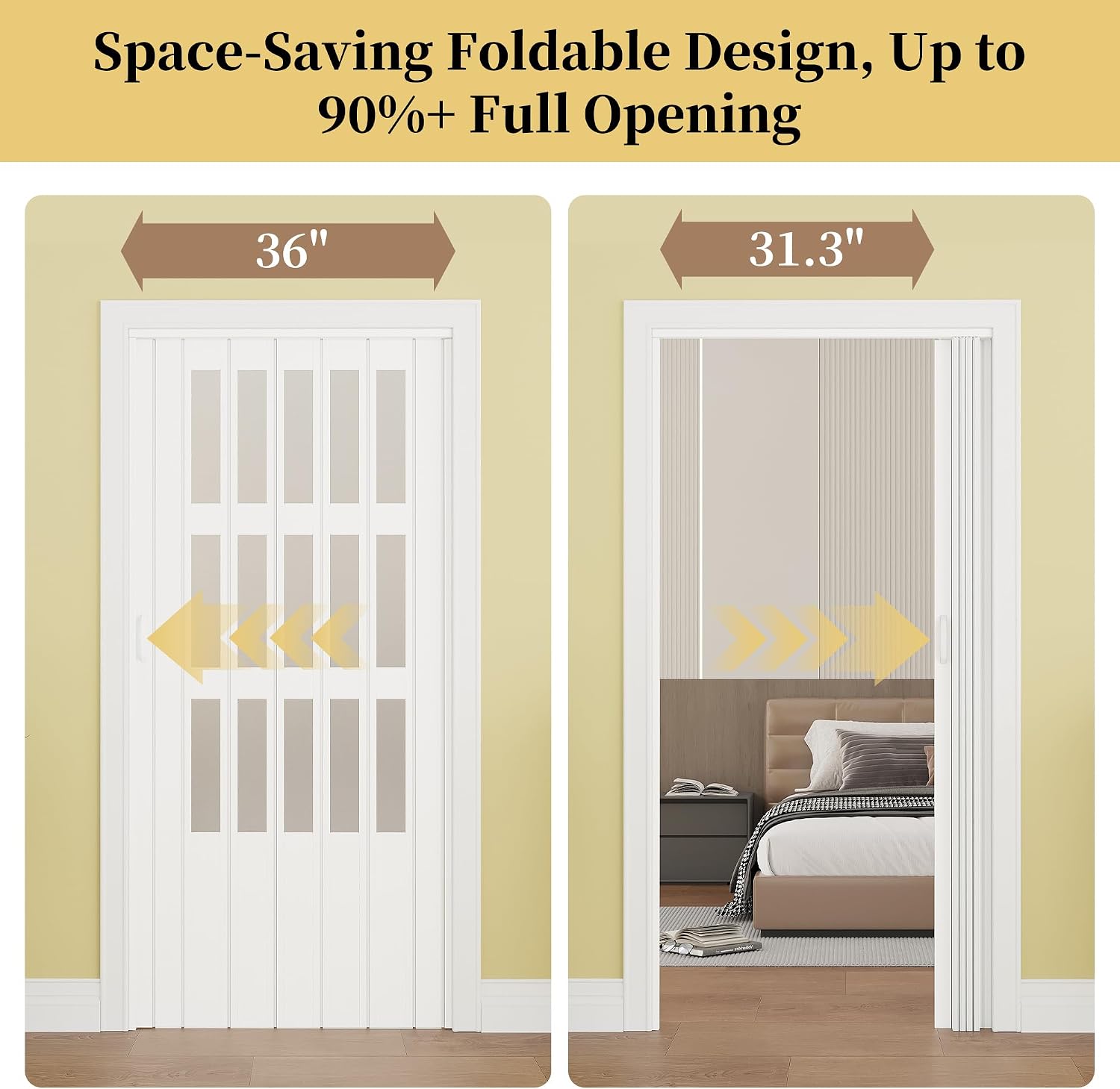 36' x 80' Enhanced Accordion Doors Interior with 3 Frosted Acrylic Panel, Accordion Door for Doorway Hardware Kit Included, PVC Interior Folding Doors with 2 Handles for Closet Bathroom Doorways