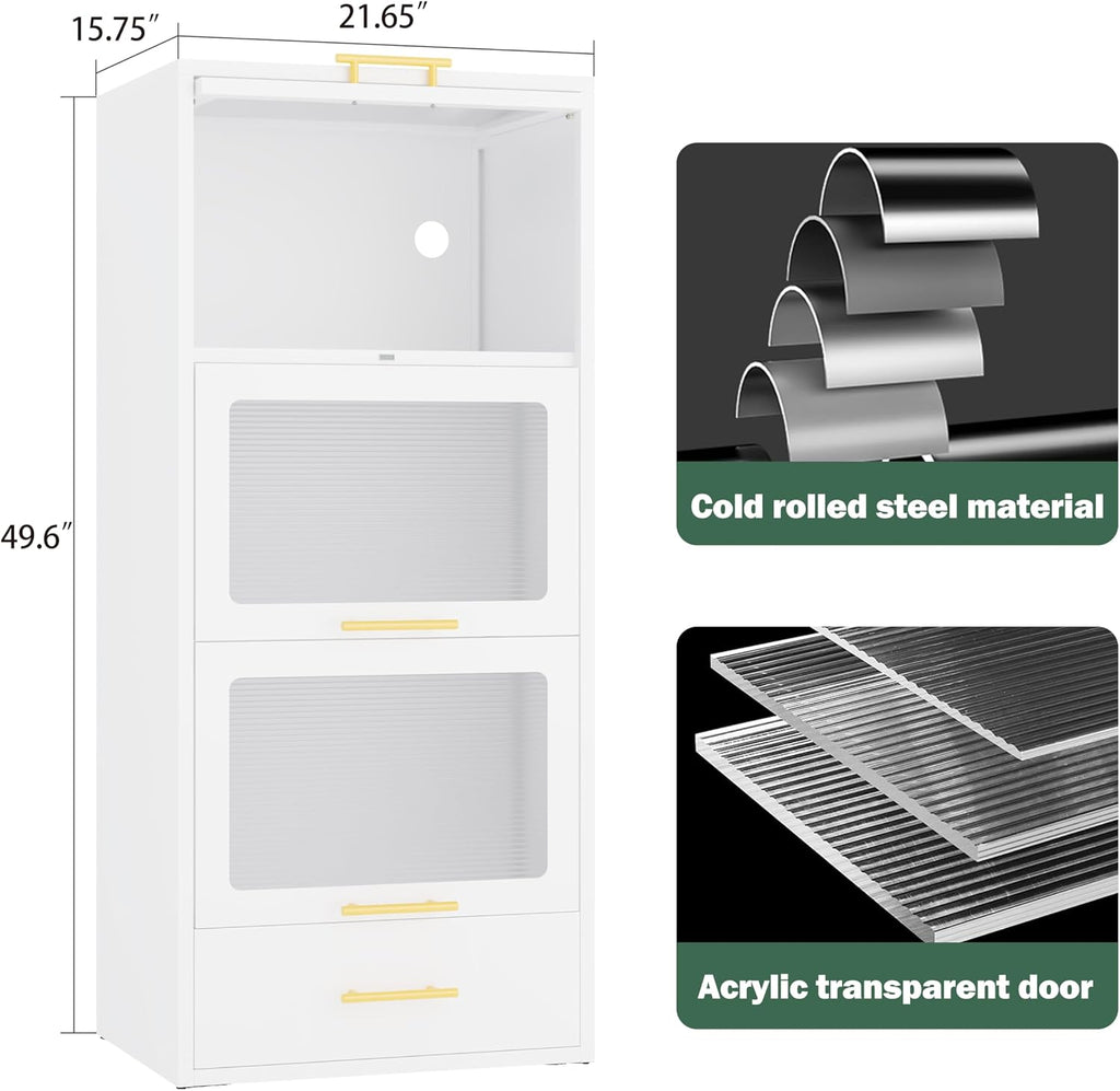 erosoei Metal Tall Narrow Bathroom Storage Cabinet，Slim Bathroom Storage Cabinet with Flip-up Acrylic Doors and Drawers，Pantry Cabinets for Kitchen, Bedroom, Living Room, Laundry Room