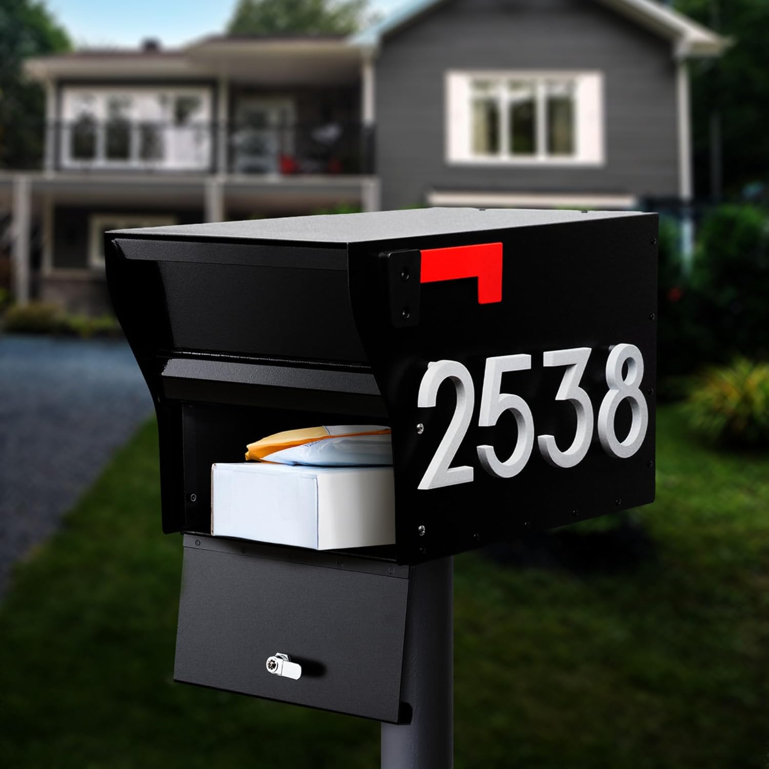 Whitehall MailVault Streetside Locking Mailbox, Personalize with Modern Stand-Off Address Numbers Package – Steel, Secure Weather Resistant Modern Square Mailbox (Black/White)