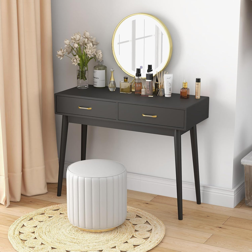 FUNKOCO Small Black Desk with Drawers - 40 Inch Home Office Study Writing Desk for Bedroom, Vanity Desk with 4 Solid Legs, Modern Computer Desk for Small Spaces (Balck)