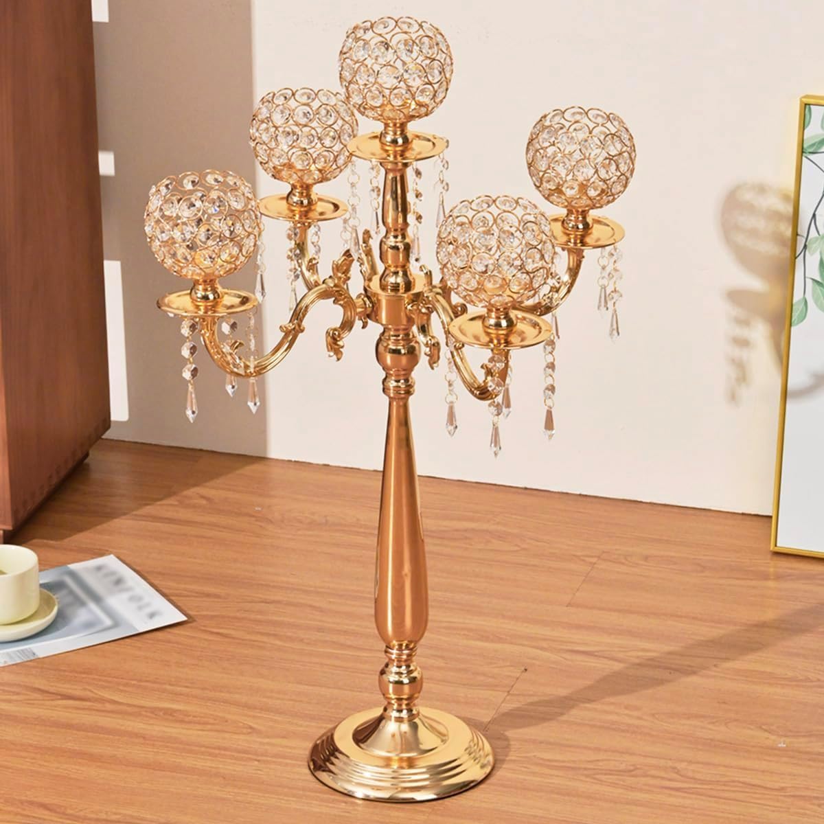 4 Packs 5 Arms Crystal Candelabra for Wedding Centerpiece, Gold Floor Candle Holder Set with Chandelier Crystal Beaded Anniversary Dinner Party Table Decor candelabros de mesa Elegantes Palace Themed