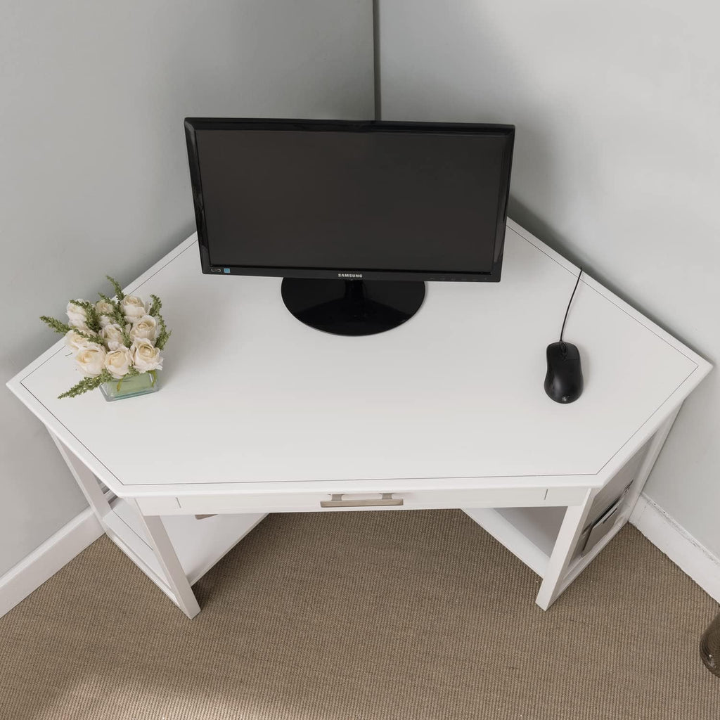 Leick Home Sage Corner Office Desk, Solid Wood, with Drop Front Keyboard Drawer, White, 85430