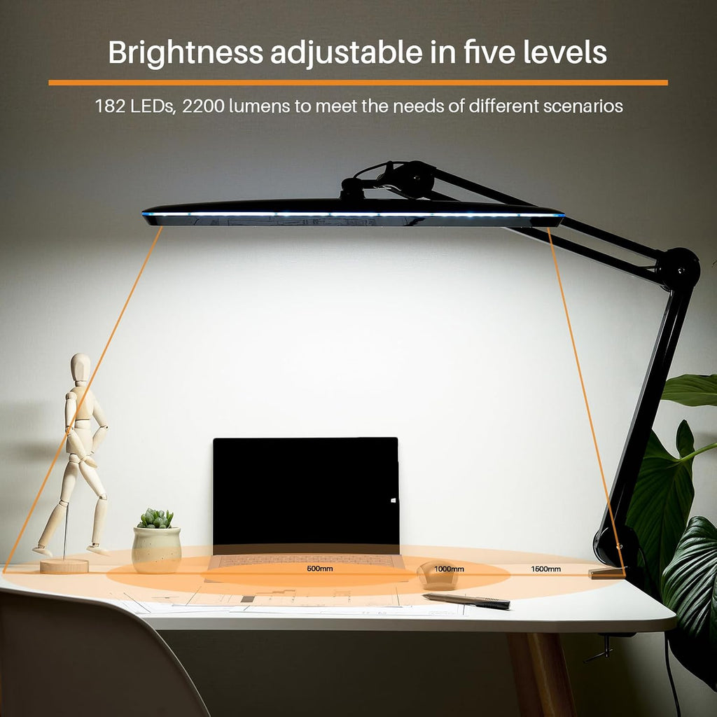 Task Lamp with Clamp, 23 Inch Lamp Head, Bright 182PCS LEDs,3 Color Temperatures, 4 Brightness Levels, Metal Swing Arm 20W 2200 Lumen Dimmable Led Desk Lamp (Black, CCT)