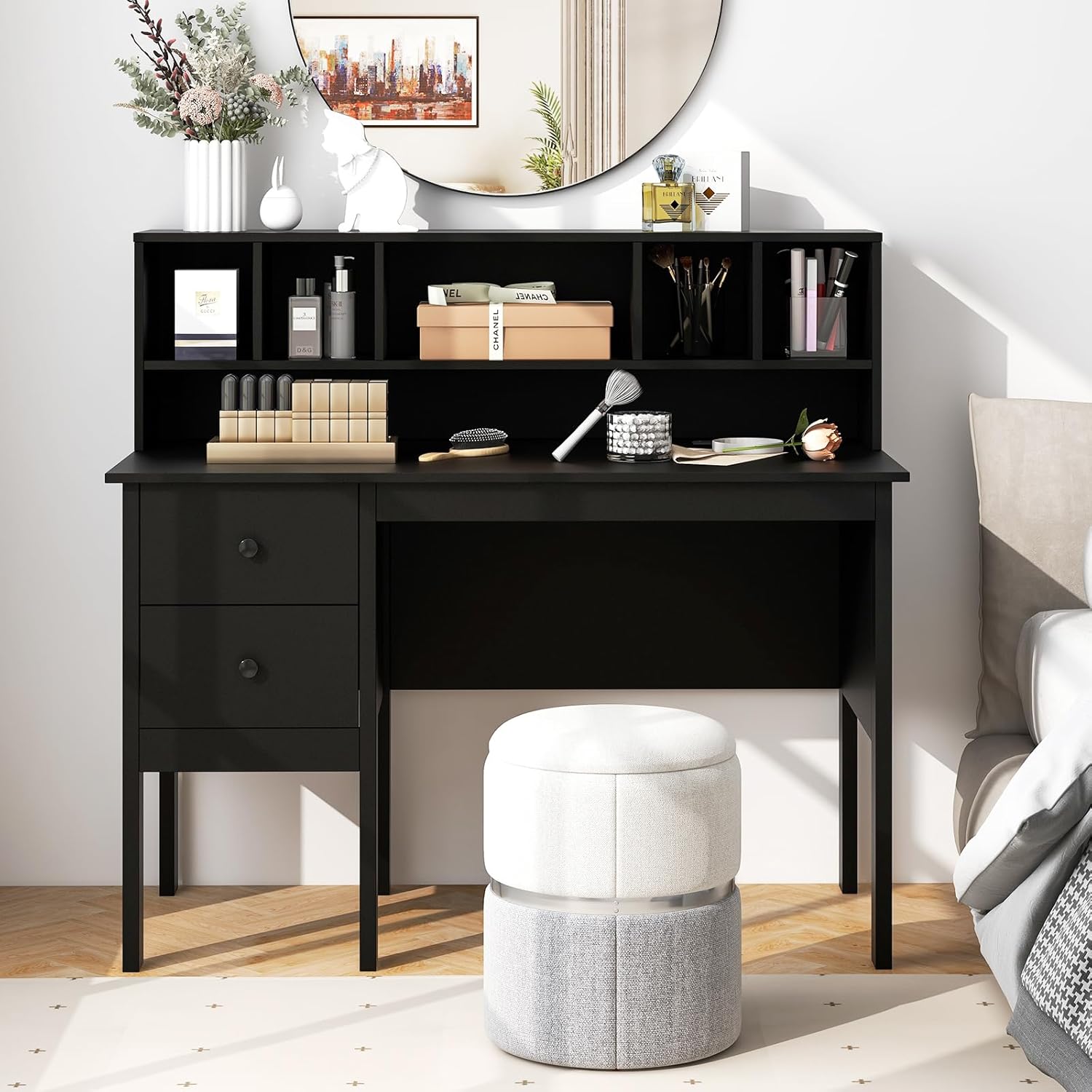 Tangkula Black Desk with Drawers & Hutch, Modern Home Office Desk with Power Outlets, USB Ports & Type-C, Writing Study Desk with 5-Cubby Hutch, Computer Workstation Makeup Vanity Desk