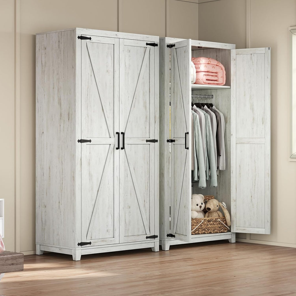 LUXOAK 70' Large Armoire Wardrobe Closet with Hanging Rod, Farmhouse Clothing Storage Cabinet with 2 Barn Doors, Wooden Tall Bedroom Armoires with Shelf, Distressed White