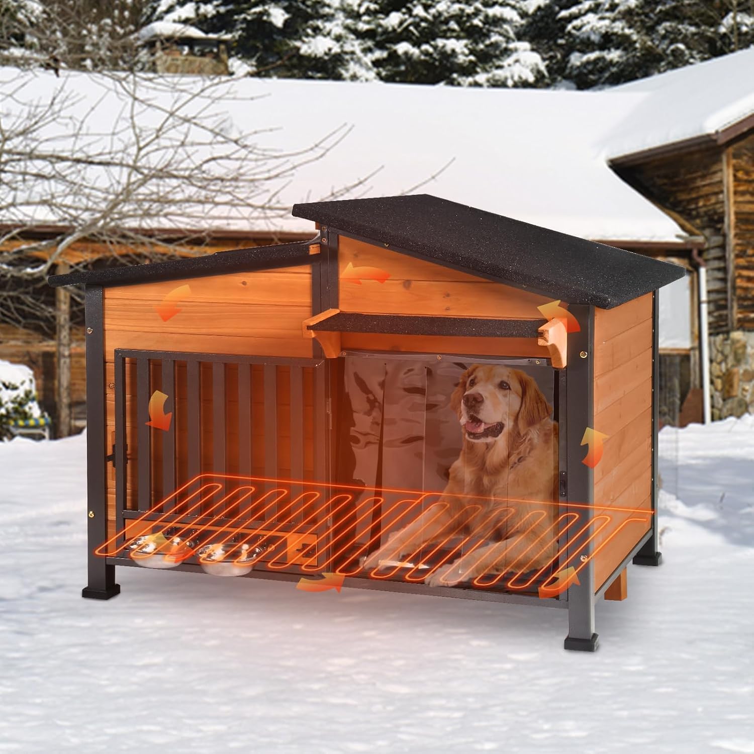 GUTINNEEN Large Heated Dog House Outdoor with Safe Heater and Thermal Liner, Insulated Dog Kennel Indoor Weatherproof Dog Shelter with Rotatable Spill-Proof Bowl for Large Dog Breeds