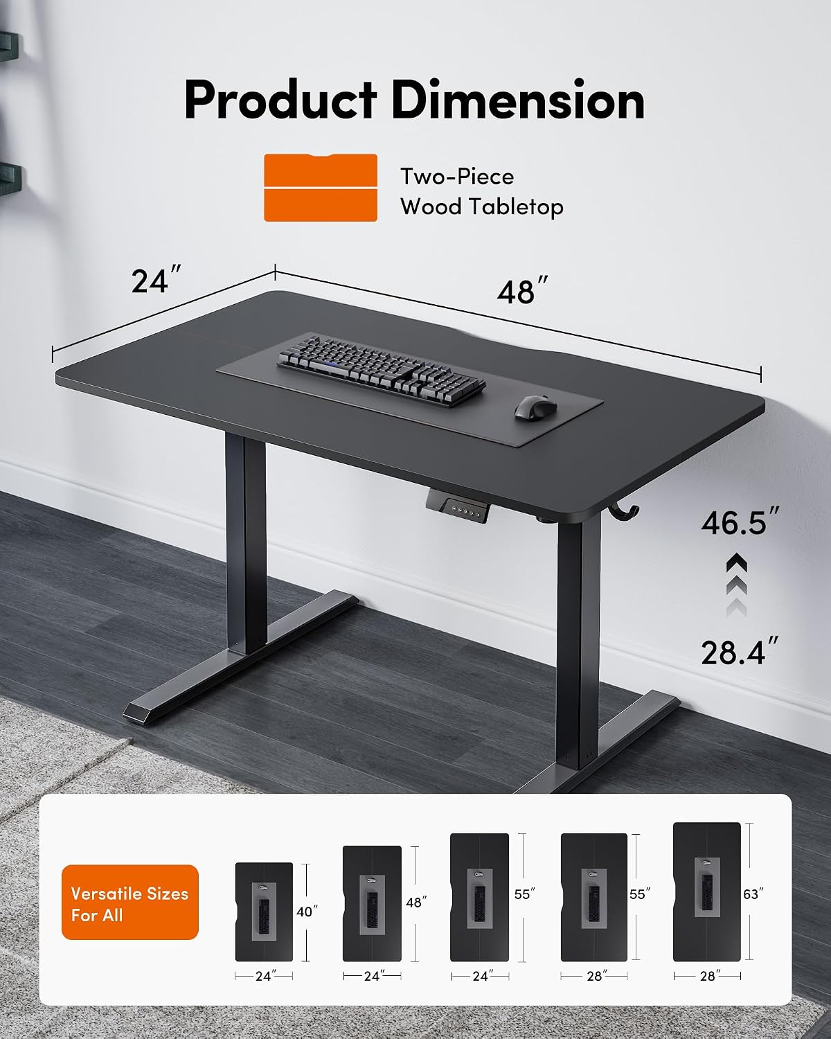 FEZIBO 48 x 24 Inchs Electric Standing Desk, Height Adjustable, Sit Stand Up, Computer Office Desk with Splice Board, Black Frame/Black Top