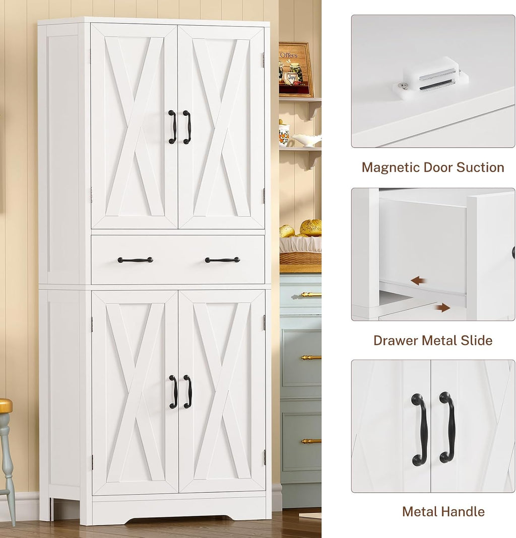TEENFON Tall Storage Cabinet with 2 Adjustable Shelves & 1 Large Drawer, Kitchen Pantry Cabinet with 4 Doors, Bathroom Storage Cabinets, for Living Room, Kitchen, Bathroom, White