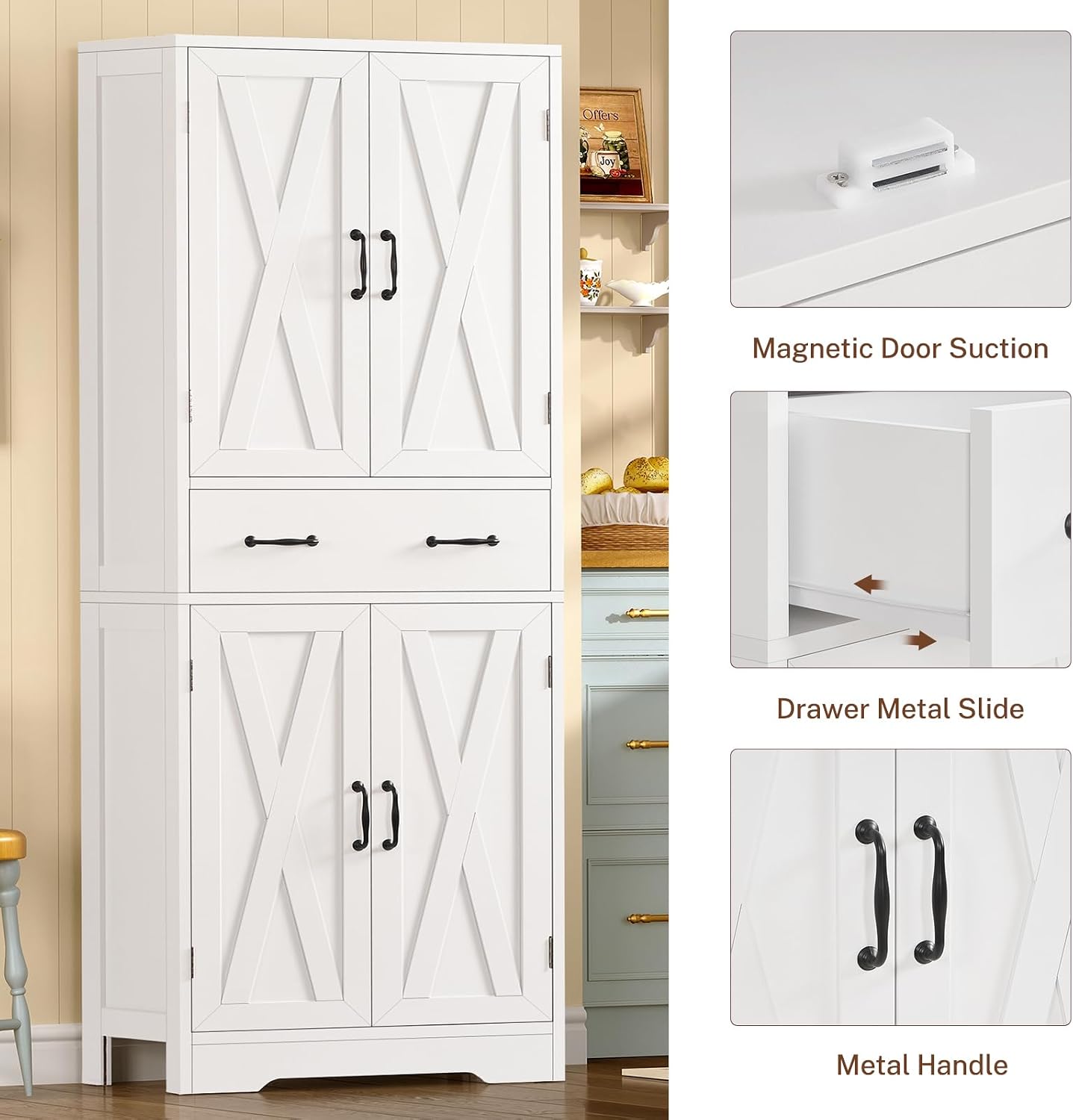 TEENFON Tall Storage Cabinet with 2 Adjustable Shelves & 1 Large Drawer, Kitchen Pantry Cabinet with 4 Doors, Bathroom Storage Cabinets, for Living Room, Kitchen, Bathroom, White