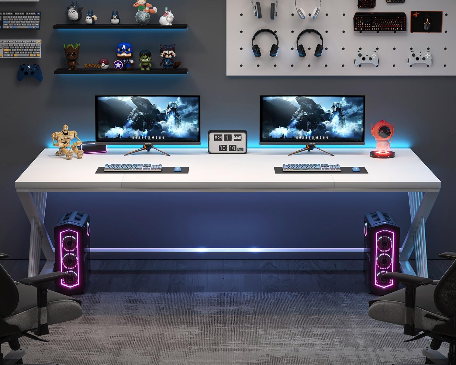 FOLUBAN 70.9' Modern Computer Desk with Z-Shaped Legs, Industrial Executive Home Office Desk for 2 Person, Large Writing Study Table for Bedroom, Gaming Workstation, White