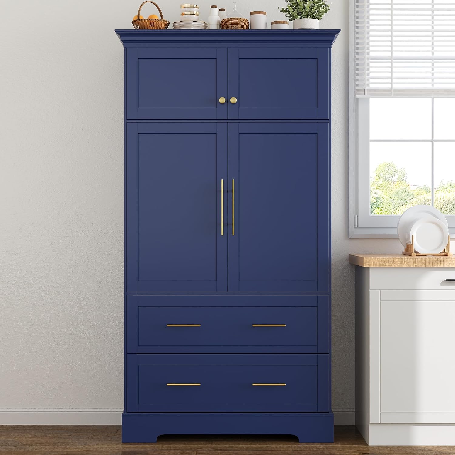 Freestanding Kitchen Pantry Storage Cabinet, 72.6''H Tall Wooden Kitchen Organizers with 2 Doors, Pull-Out Trays, 2 Drawers and Cake Pan Storage for Dining Room Living Room (Blue-1.12)