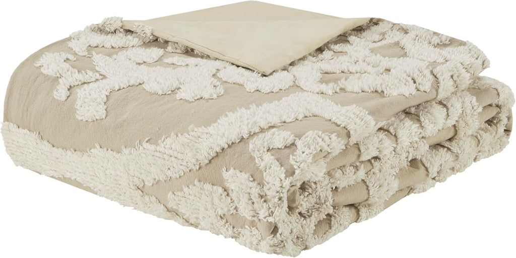 Madison Park Tufted Chenille 100% Cotton Duvet Modern Luxe All Season Comforter Cover Bed Set with Matching Shams, King/Cal King(104'x92'), Damask Taupe 3 Piece