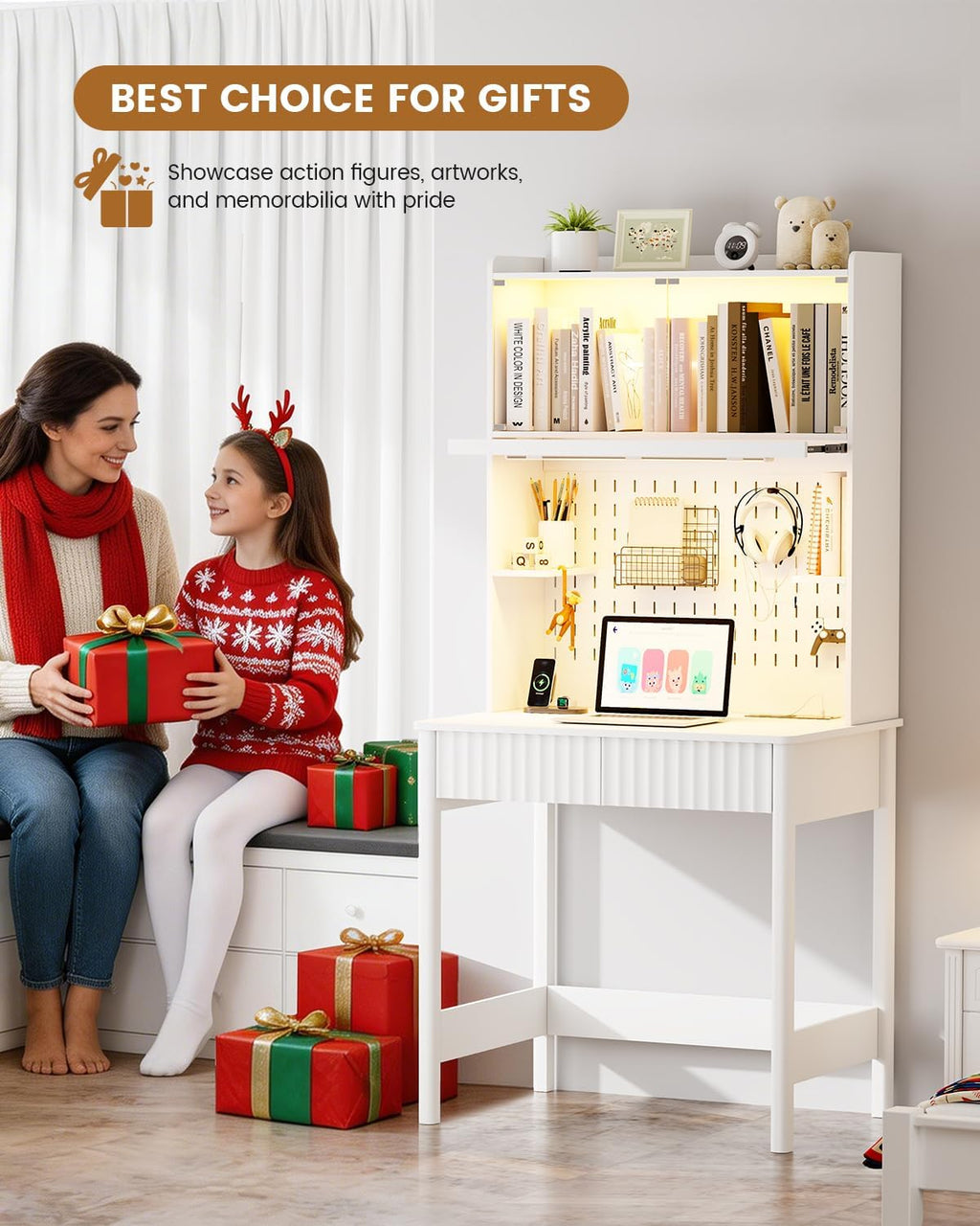 HNEBC White Computer Desk - with Power Outlets & Chariging Station,Small Writing Desk with Hutch and Drawers,66.3''H Office Desk with Pull-Out LED Lights,Pop-up Glass Door,Pegboards,Bedroom
