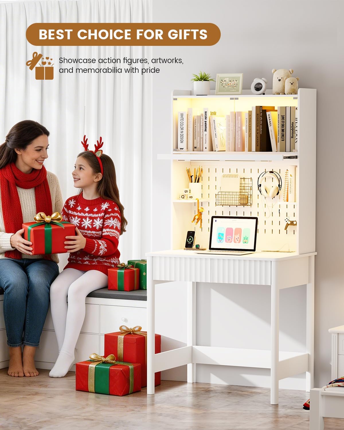 HNEBC White Computer Desk - with Power Outlets & Chariging Station,Small Writing Desk with Hutch and Drawers,66.3''H Office Desk with Pull-Out LED Lights,Pop-up Glass Door,Pegboards,Bedroom