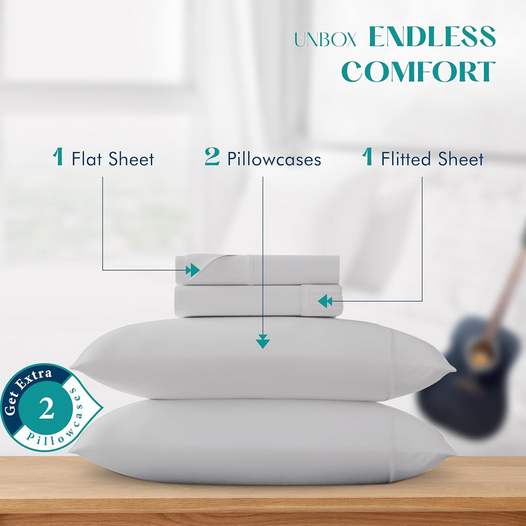 XOOX Linen 100% Egyptian Cotton Queen Sheet Set - Luxury 1200 High Thread Count Egyptian Cotton Sheets Queen Size (4 PC, Light Grey), Silky Soft, Cooling, 17' Deep Pocket Sateen Weave Hotel Bedding