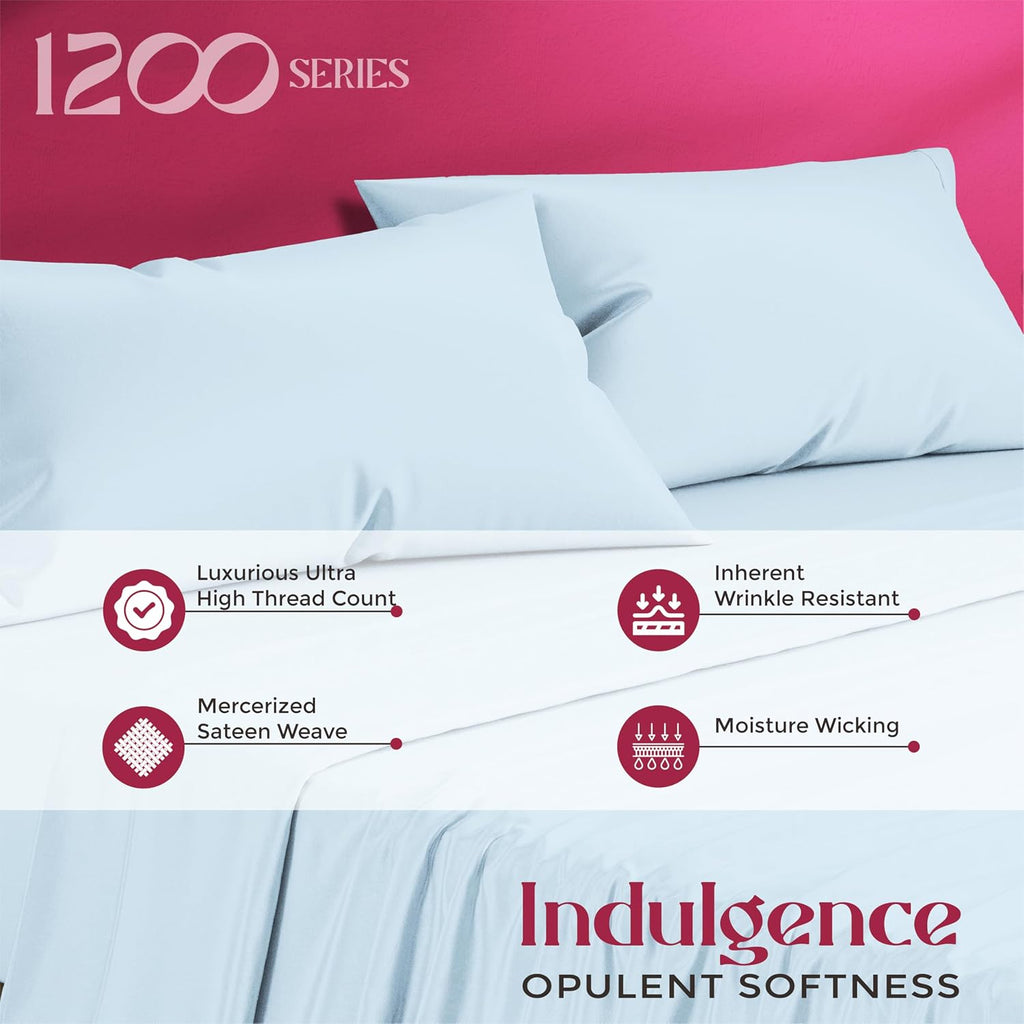 Mayfair Linen 100% Egyptian Cotton Queen Sheet Set - Luxury 1200 Series Egyptian Cotton Sheets Queen Size (4 PC, Light Blue), Silky Soft, Cooling & Breathable, 17' Deep Pocket Sateen Hotel Bedding