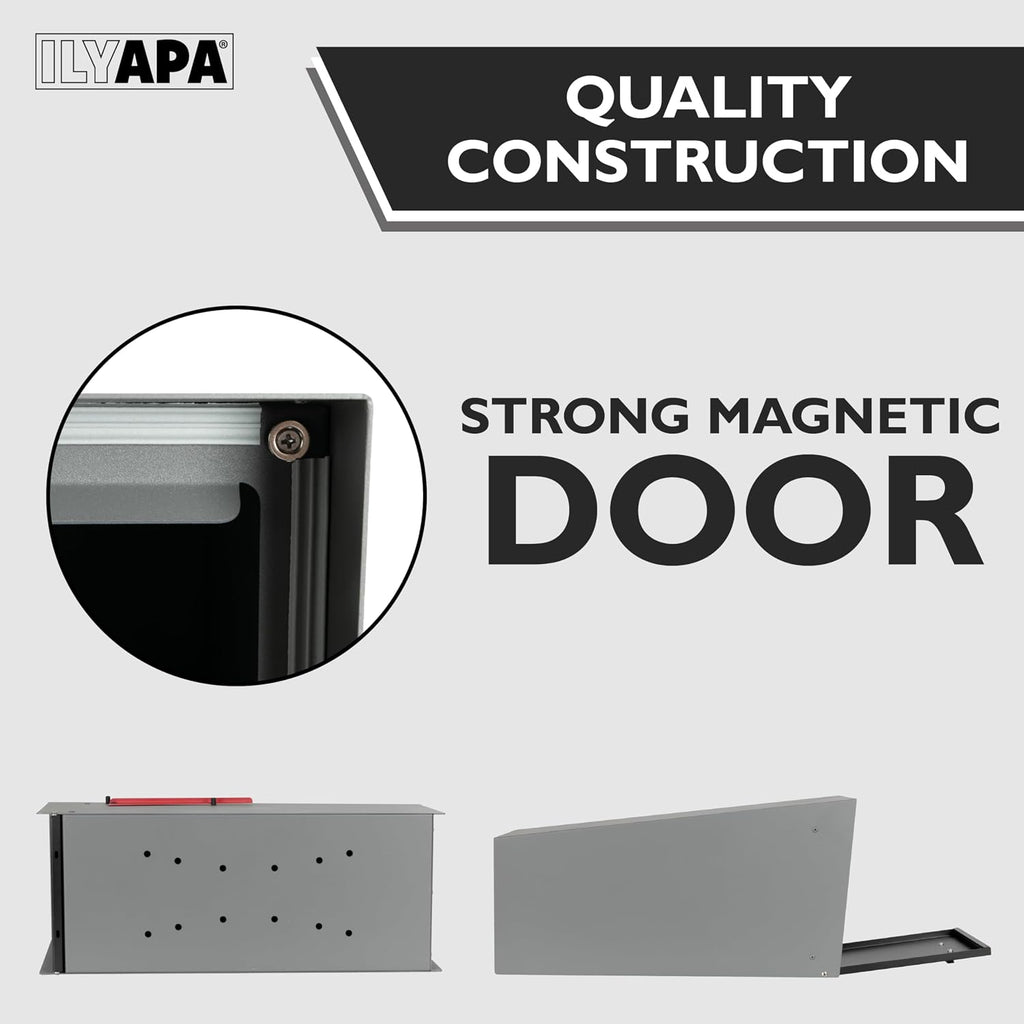 Ilyapa Modern Mailbox with Angle Design Post Mount - Gray Powder Coated Metal Mailbox with Black Door - Waterproof for Parcels, with Magnetic Door