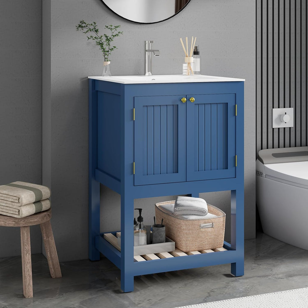 24 Inch Small Bathroom Vanity with Sink, Modern Bathroom Sink Cabinet with Open Shelf, Ceramic Basin, Blue