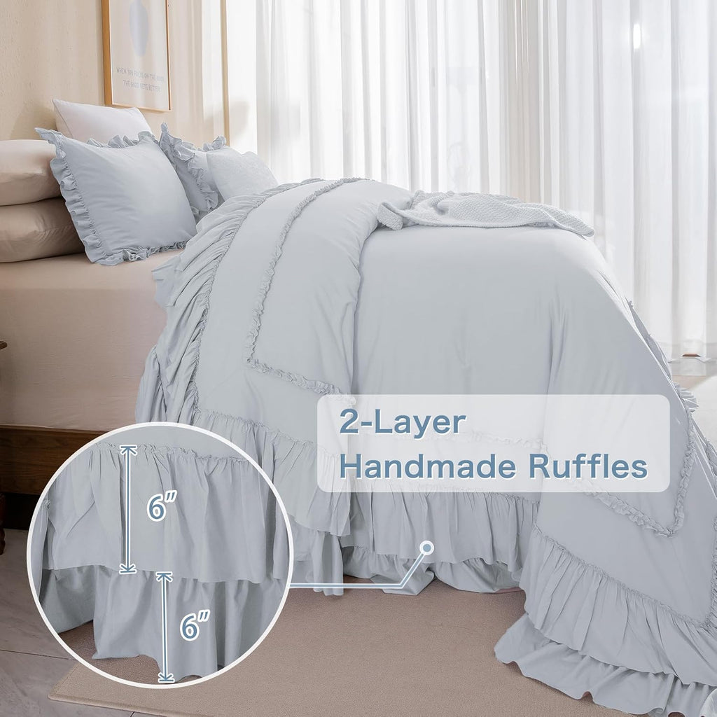 Masaca Oversized King Comforter 120x120,3 Pieces Farmhouse Ruffle Bedding Comforter,Light Blue Oversized Shabby Boho Chic Cal King Ruffled Bed Comforter Lightweight and Soft
