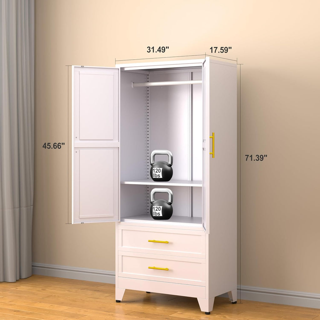Metal Armoire Wardrobe Closet Storage Cabinet with Hanging Rod,71'' Metal Wardrobe Cabinet with 2 Drawers and Adjustable Shelf,2 Drawers for Bedroom, Laundry Room, Cloak Room