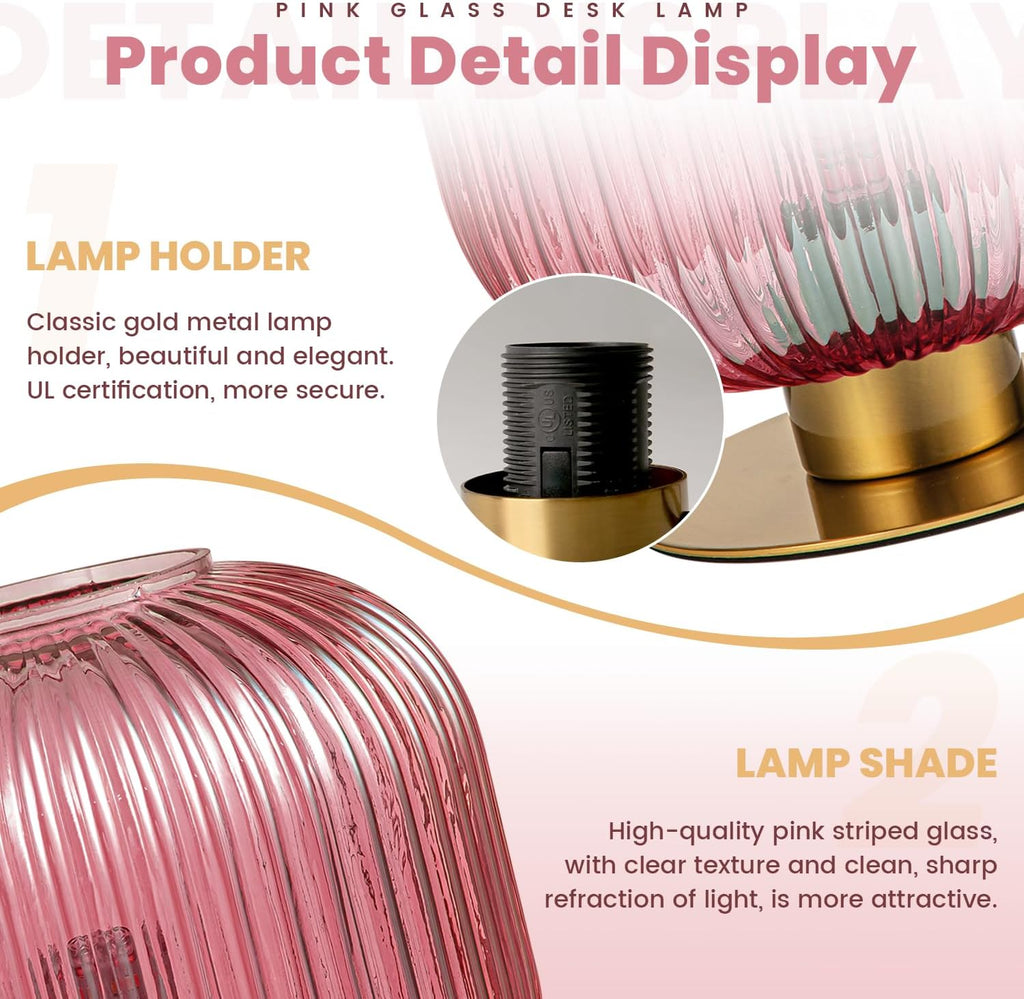 Glass Lamps Set of 2, Vintage Gold Table Lamps for Living Room End Table, Mid Century Bedside Table Lamp with Ribbed Glass Globe, Cute Desk Lamp Pink Nightstand Lamp for Girls Bedroom