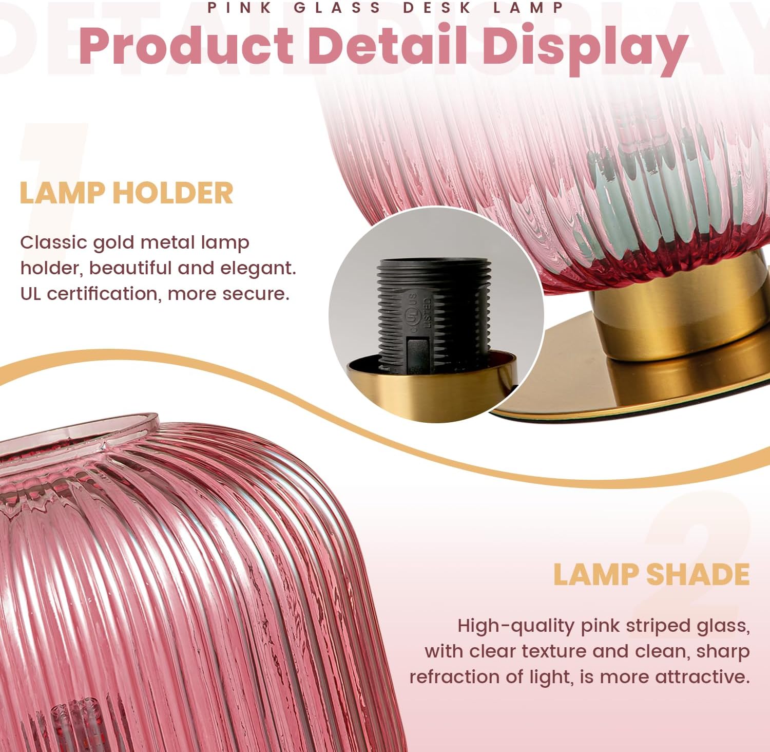 Glass Lamps Set of 2, Vintage Gold Table Lamps for Living Room End Table, Mid Century Bedside Table Lamp with Ribbed Glass Globe, Cute Desk Lamp Pink Nightstand Lamp for Girls Bedroom