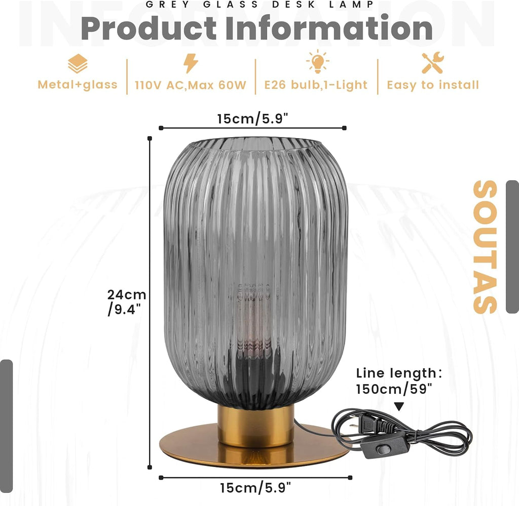 Bedroom Small Lamps Set of 2, Smoke Glass Table Lamp Living Room Side Table Lamp, Mid Century Modern Gray Bedside Lamp with On/Off Switch, Vintage Plug in Gold Lamps for Nightstand