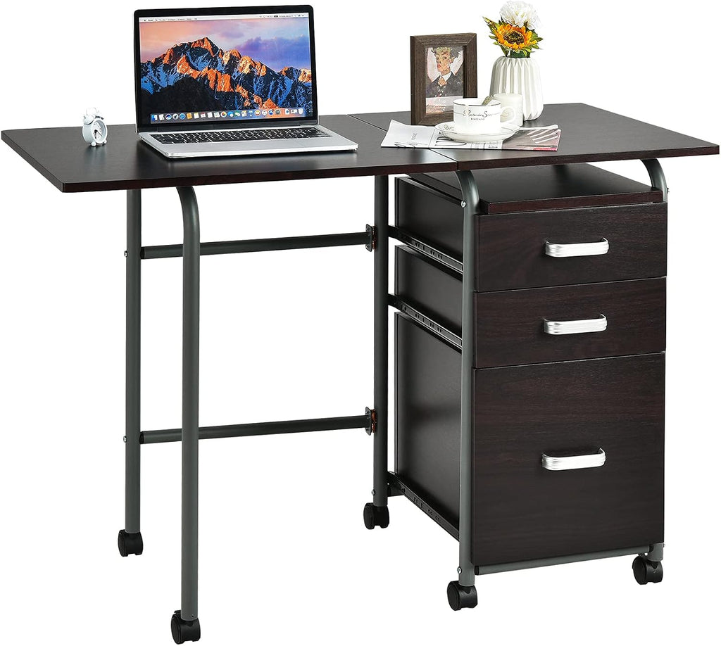 Tangkula Folding Computer Desk with 3 Storage Drawers, Mobile Home Office Desk Study Writing Desk with Smooth Wheels, Space Saving Compact Desk for Dorm Apartment, Rolling Folding Desk Table