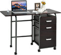 Tangkula Folding Computer Desk with 3 Storage Drawers, Mobile Home Office Desk Study Writing Desk with Smooth Wheels, Space Saving Compact Desk for Dorm Apartment, Rolling Folding Desk Table