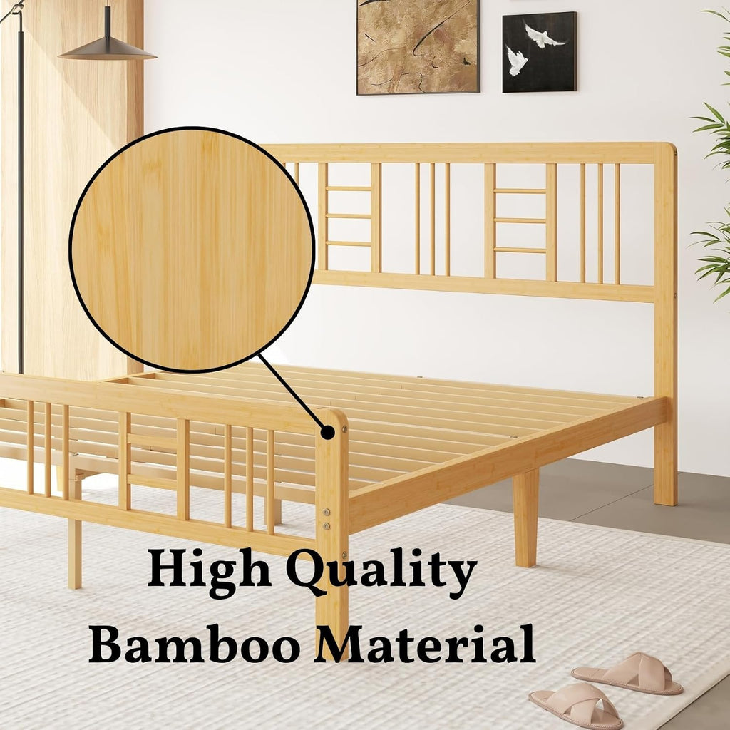 12 Inch Bamboo Wood Queen Size Platform Bed Frame with Headboard and Footboard, Metal Slat Support Bed Frame Queen Size Heavy Duty, No Box Spring Needed, Easy Assembly, Noise Free, Reinforced
