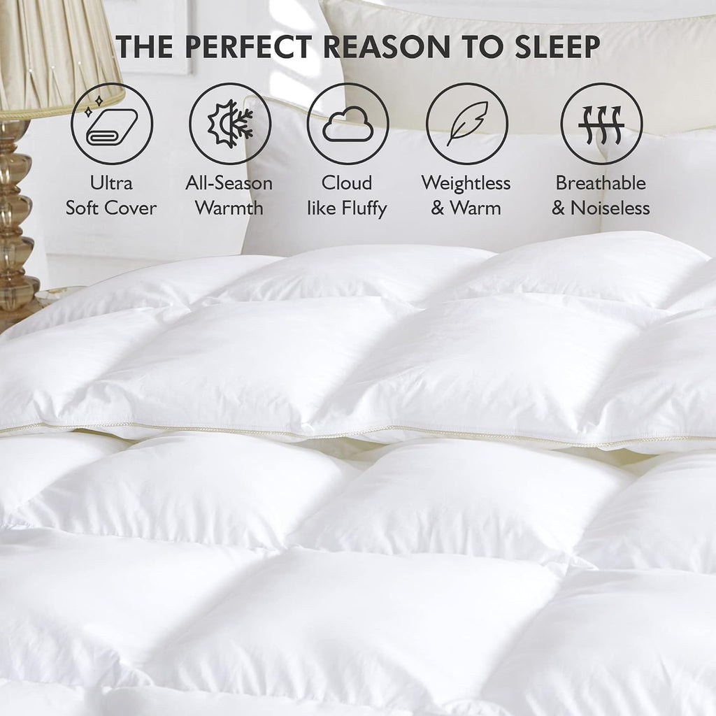 Luxurious Full/Queen Size Goose Down Fiber Waterfowl Feather Fiber Comforter Duvet Insert, Ultra-Soft 100% Cotton Cover, 60 oz. Fill Weight, All-Season White Solid Comforter