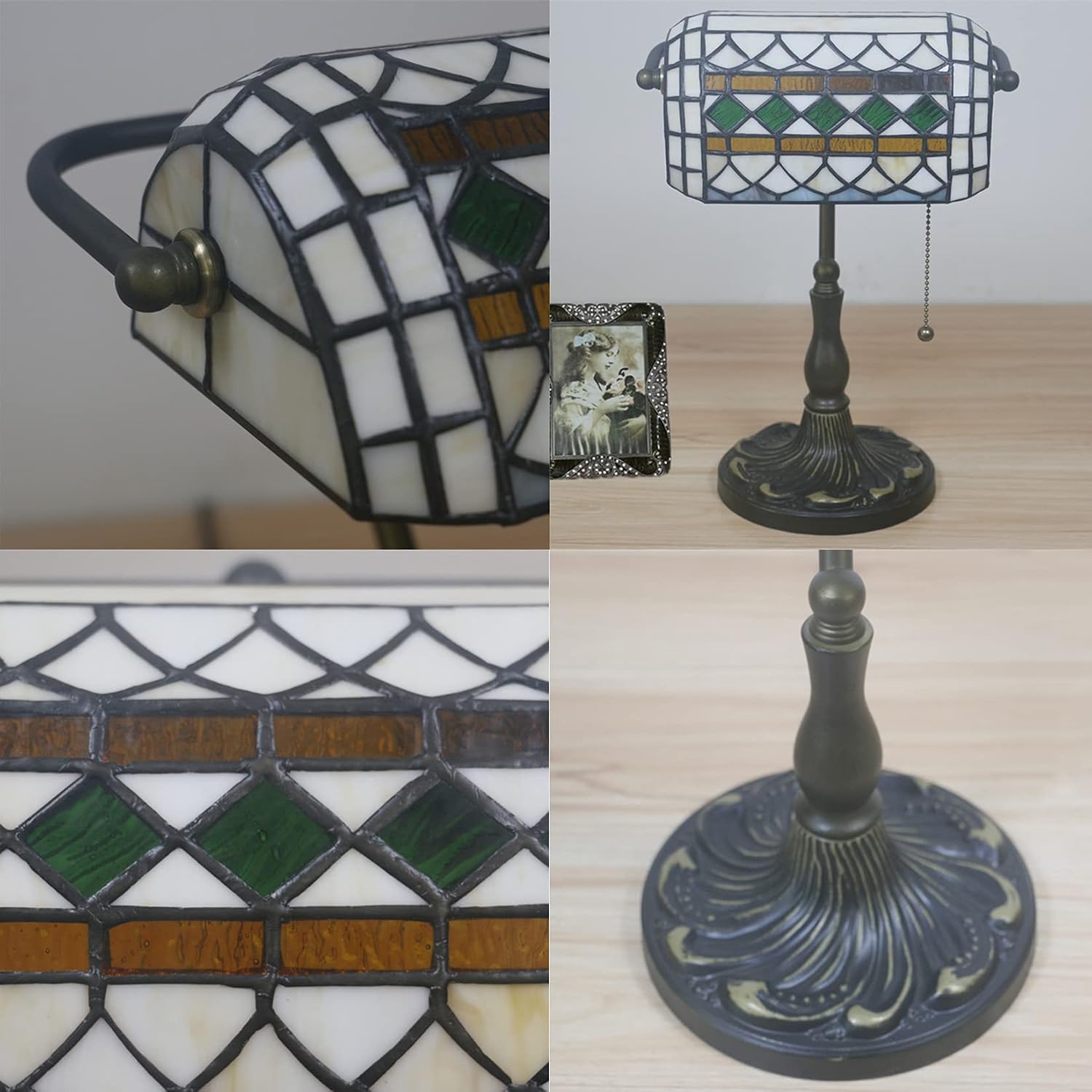 Tiffany Style Bankers Table Lamp Stained Glass Piano Desk Lamp Vintage Bedroom Bedside Lamp for Study,Antique Alloy Base,Zipper Switch,Green e