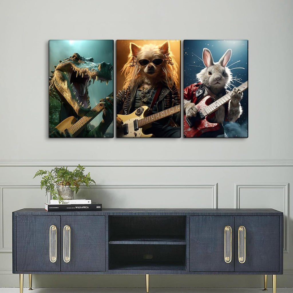 YONICA 3 Panel Animal Band Canvas Wall Art for Home Music Decor - Funny Animals Playing Musical Instruments Modern Cool Wall Picture Print On Canvas HD Giclee Artwork Ready to Hang - 24'x32'x3 Panels