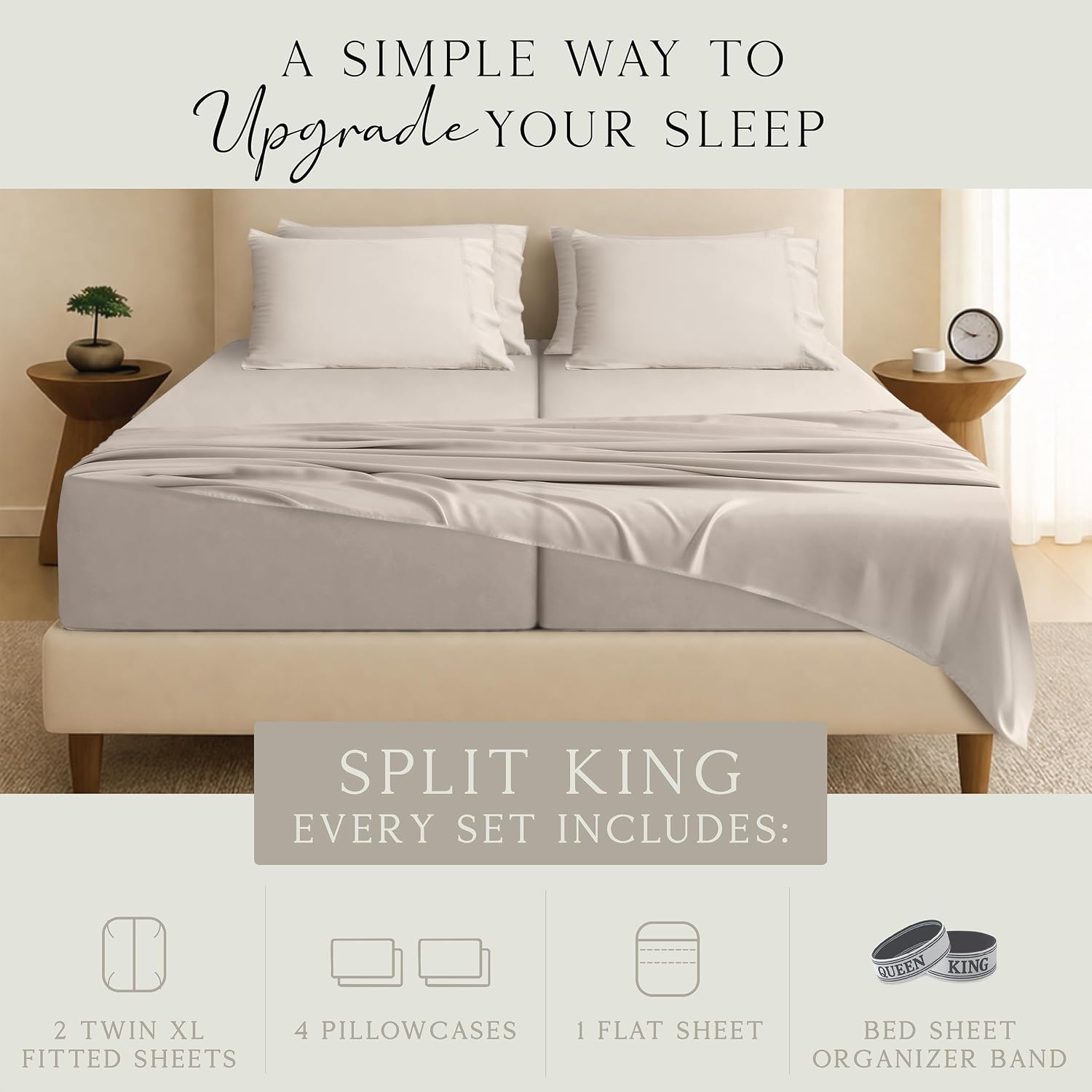KARISSA MAE 7 Piece Pure Viscose from Bamboo Split King Size Sheet Set | 100% FSC Certified | Luxuriously Soft | Cooling | 18' Deep Pocket w/Corner Straps | 4 Pillowcases [Dune]