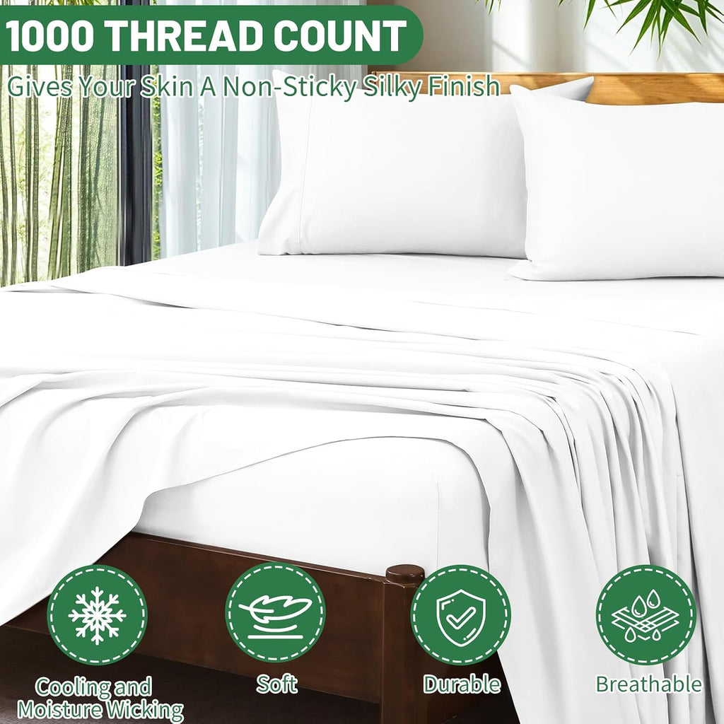 Extra Deep Pocket California King Sheets 18-24 Inch 100% Egyptian Cotton 1000 Thread Count Sateen Weave Soft Breathable 4 Pieces（California King,White）