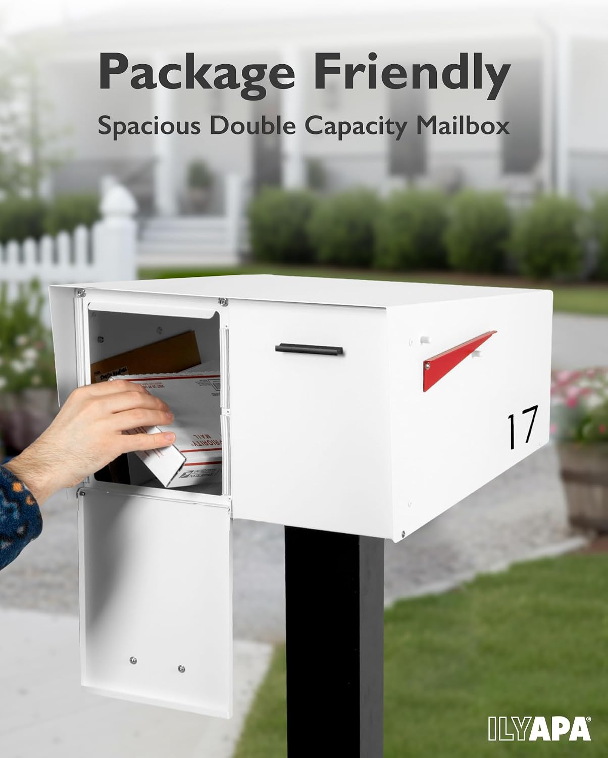 Ilyapa White Double Mailbox, Post Mount Mailboxes for Outside- Two Sided Mail Box for 2 Houses with Standard Single Mounting, Door Numbering Kit, Outdoor All Weather with Magnetic Doors