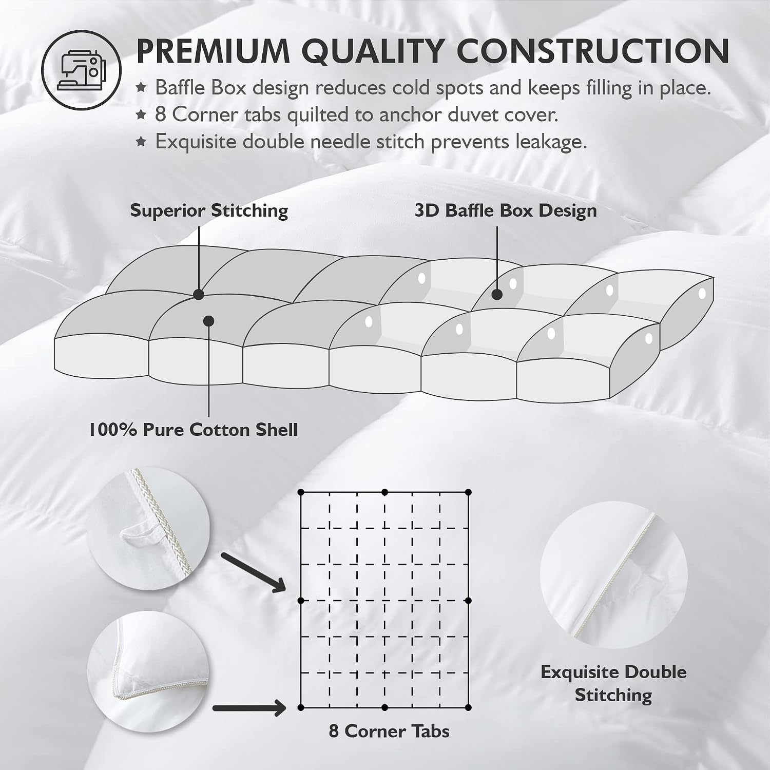 Luxurious Full/Queen Size Goose Down Fiber Waterfowl Feather Fiber Comforter Duvet Insert, Ultra-Soft 100% Cotton Cover, 60 oz. Fill Weight, All-Season White Solid Comforter