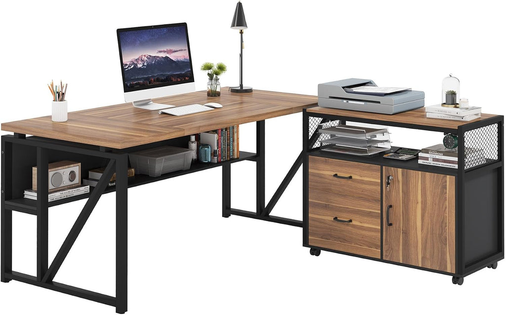 Tribesigns 63' Executive with Drawer Cabinet, L Shaped Desk and Lock lateral File Cabinet, 2 Piece Home Office Furniture Set with Drawers for Hanging File, (Brown, 63 inches)
