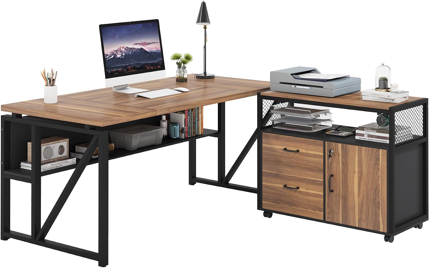 Tribesigns 63' Executive with Drawer Cabinet, L Shaped Desk and Lock lateral File Cabinet, 2 Piece Home Office Furniture Set with Drawers for Hanging File, (Brown, 63 inches)