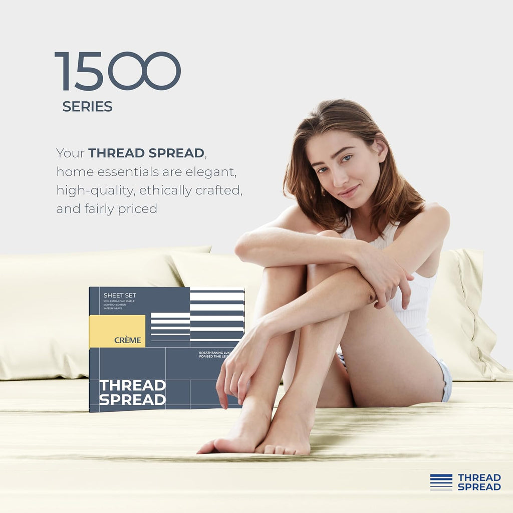 THREAD SPREAD 100% Egyptian Cotton Sheets California King Size - 1500 Series Cal King Sheets Egyptian Cotton (4 PC, Ivory), Silky Soft, Sateen Weave, Cooling & Breathable, 17' Deep Pocket Bed Set